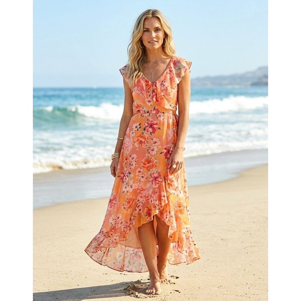 London Times Women's Floral Maxi Dress Coral Orange Sleeveless Ruffle 12 Flowy